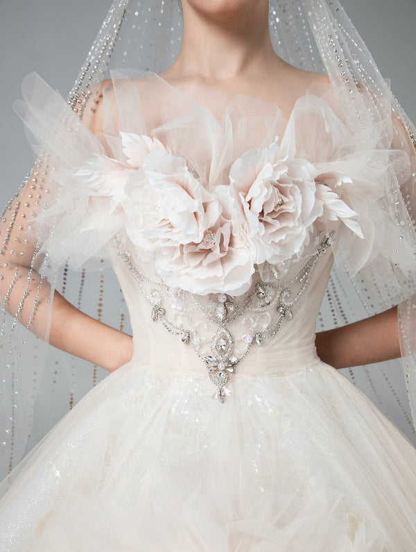 Ball Gown With Ruffled Tulle And Floral Bust Detail