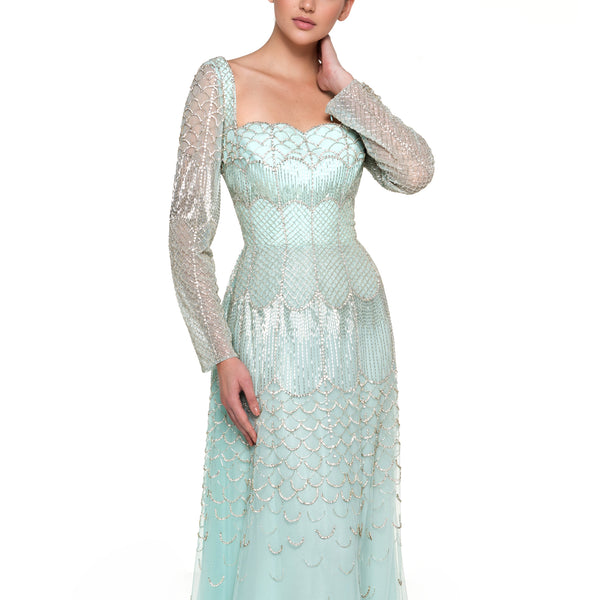 Long Sleeves Beaded Long Dress