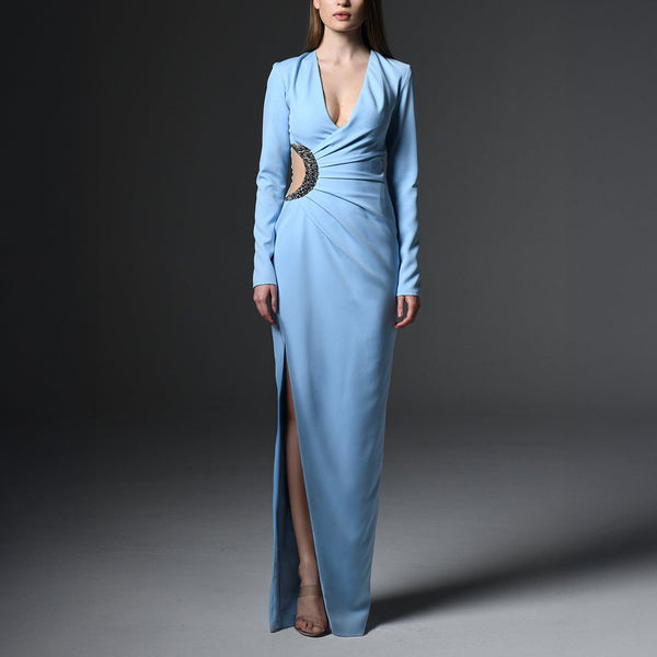 Light Blue V-Neck Crepe Dress