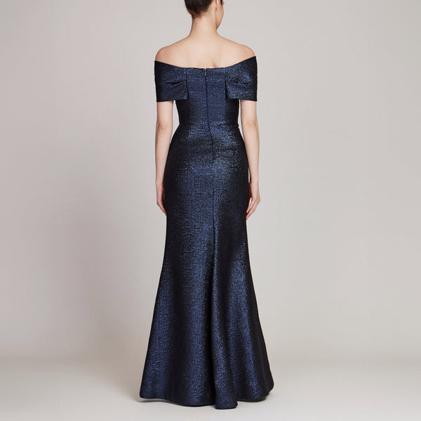 Metallic Jacquard Twist Bodice Off Shoulder Gown