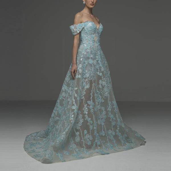 LAGOON LONG OFF SHOULDER COUTURE  GOWN.