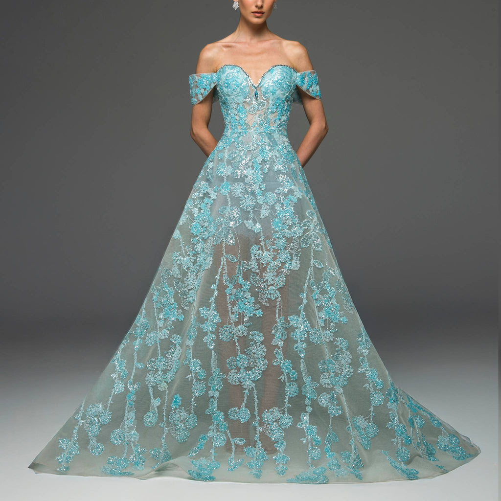 Lagoon Long Off Shoulder Couture  Gown.