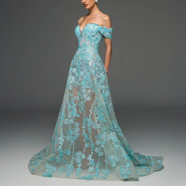 Lagoon Long Off Shoulder Couture  Gown.