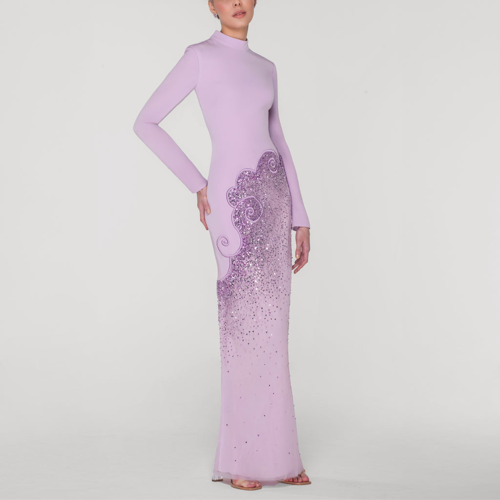 Light Purple Crepe Embellished Dress with Tulle Skirt