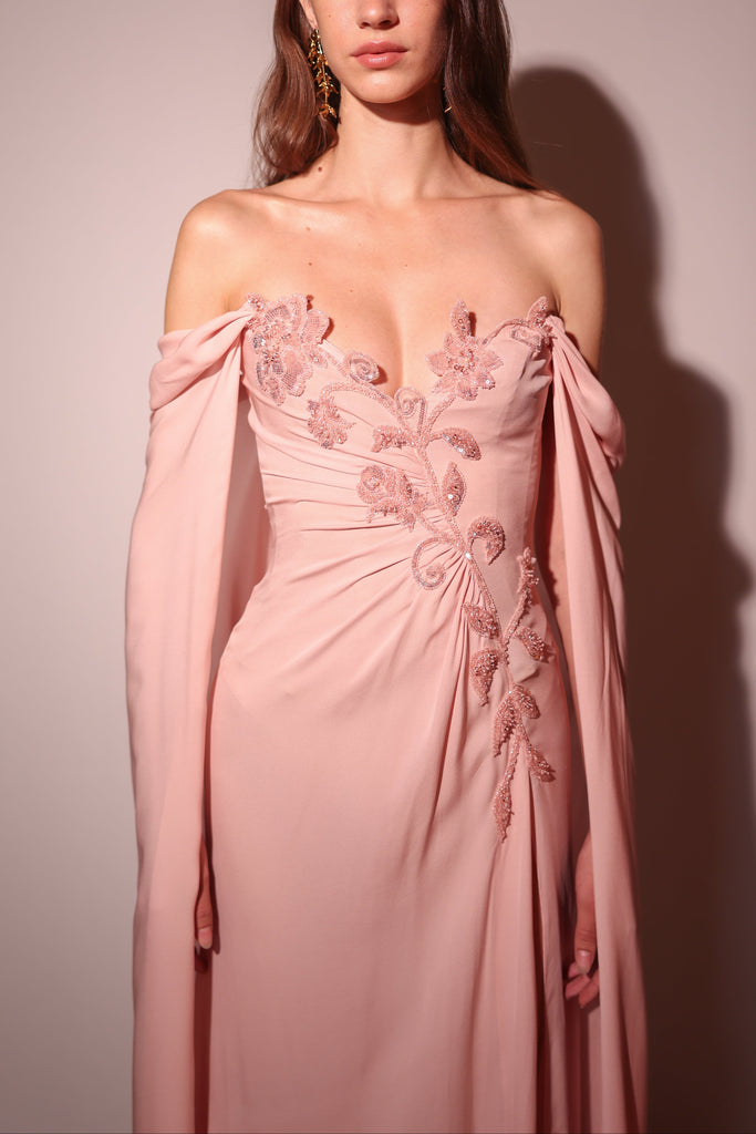 Draped Georgette Dress with Crystallized Flower Stem Detail