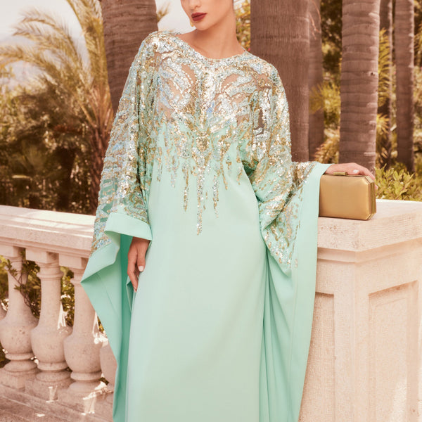 Water-Green Kaftan Dress with Silver Beaded Tulle