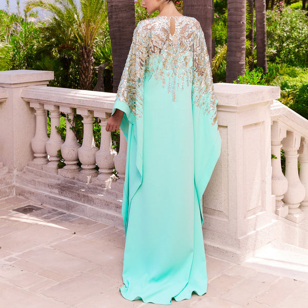 Water-Green Kaftan Dress with Silver Beaded Tulle