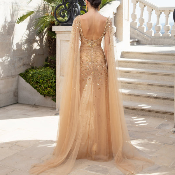 Sheer Gold Embellished Dress with Cape