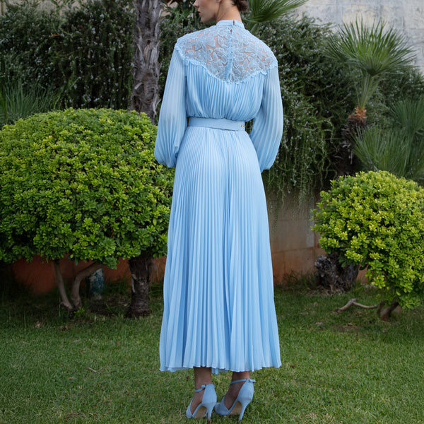 Sky Blue Midi Dress with Pleated Skirt & Lace-Detail Top