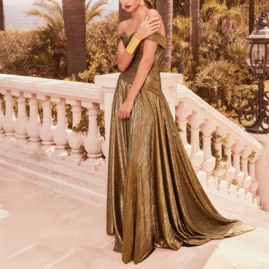 Metallic Gold Georgette Dress with High Slit