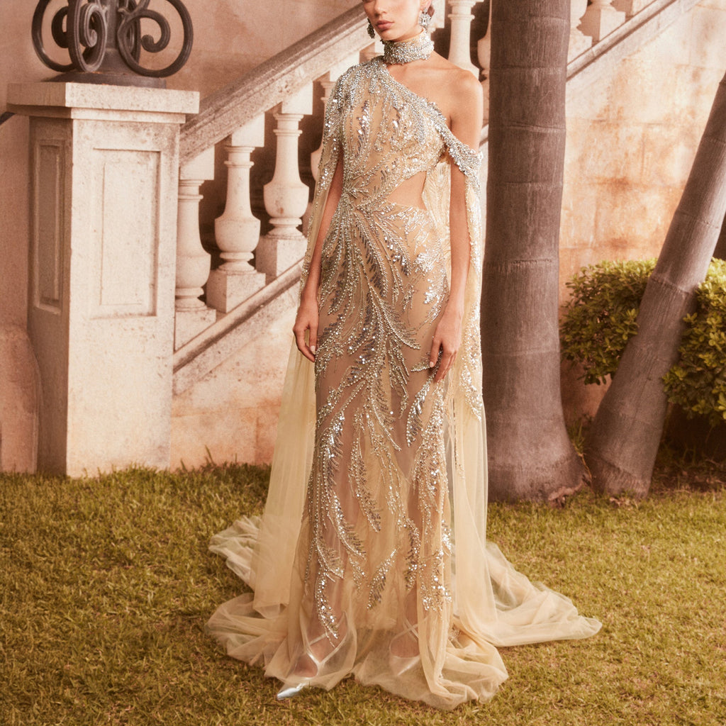 Gold Beaded Tulle Dress with Asymmetrical Neckline