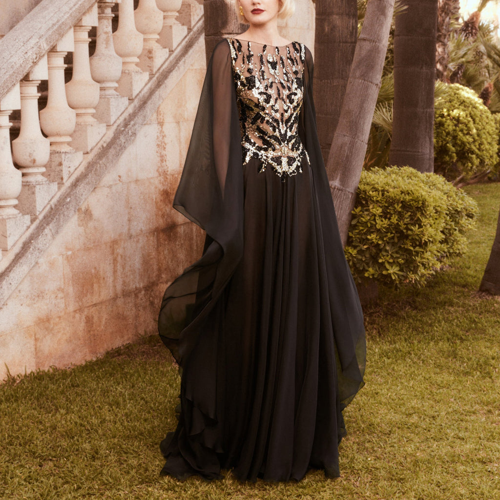 Black Mousseline Dress with Embellished Bodice