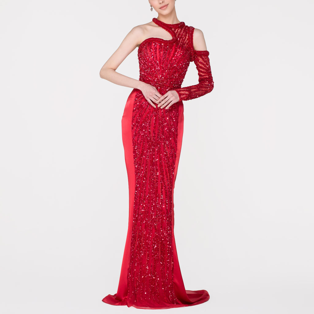 Radiant Scarlet Sequined Gown with Asymmetric Neckline