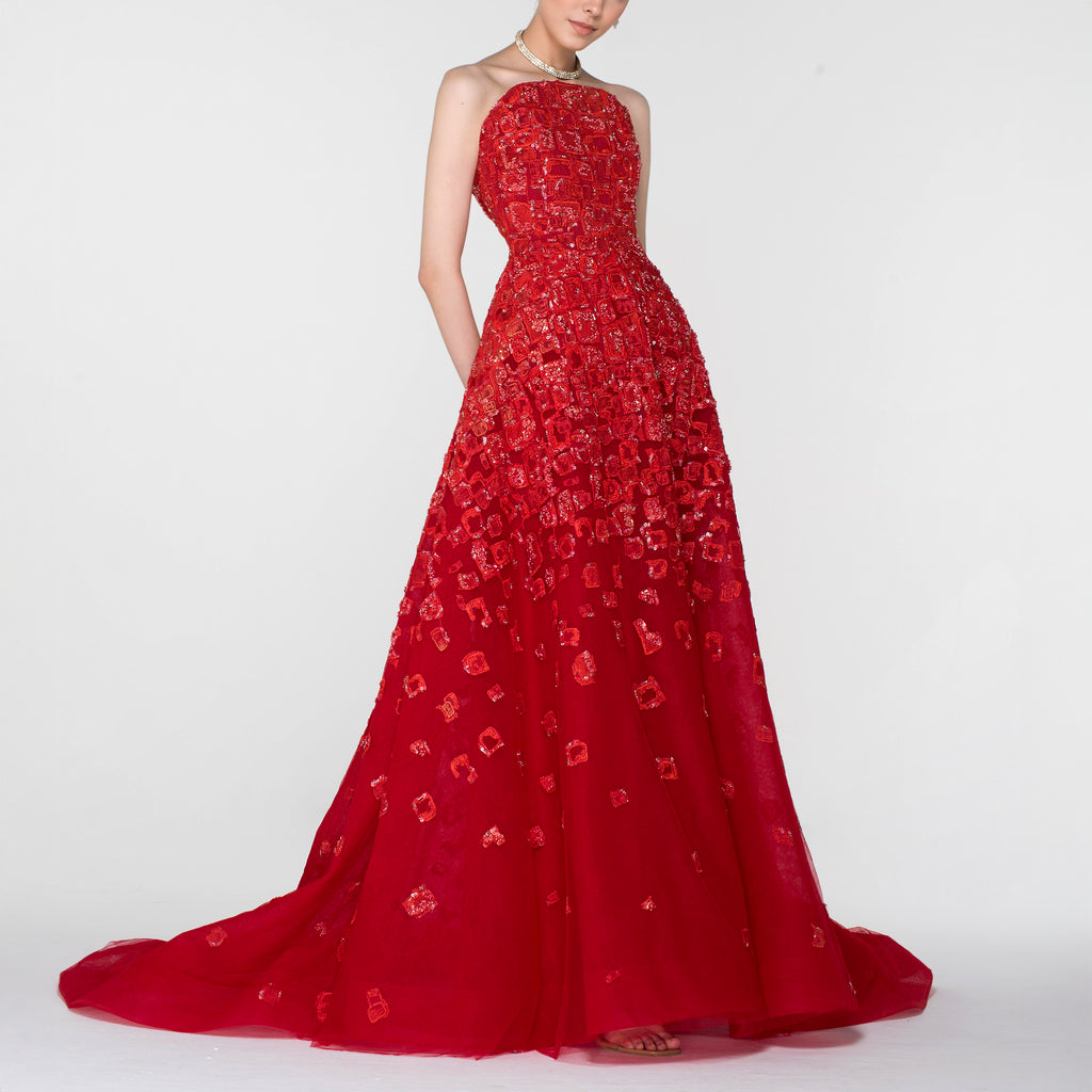 Ruby Red Sleeveless Long Dress with Embellishments