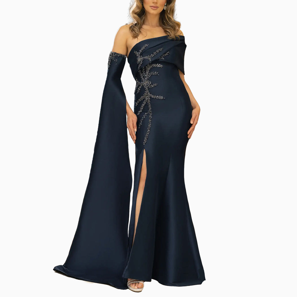 Stretch Mikado One Shoulder Front Slit trumpet Dress