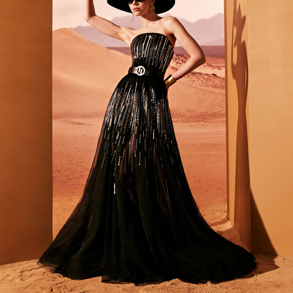 Black Tulle Srapless Dress With Belt by Tony Ward