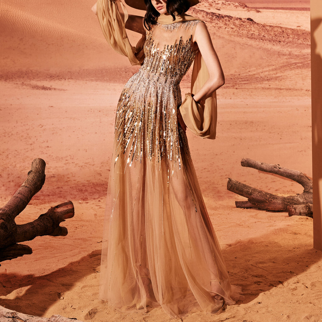 Camel Sheer Tulle Dress With Embroidery by Tony Ward