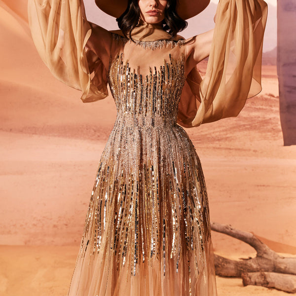 Camel Sheer Tulle Dress With Embroidery