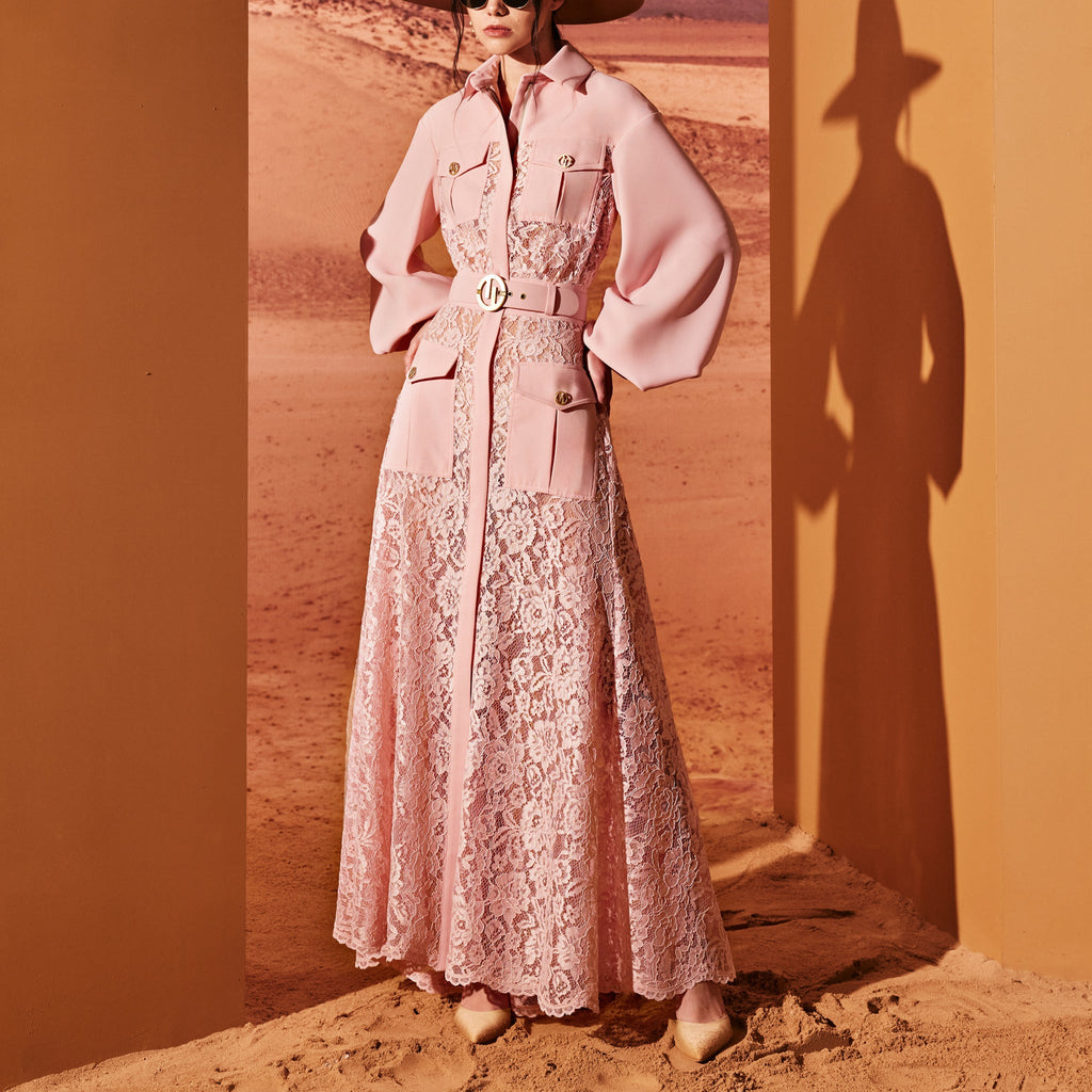 Pink Quartz Shirt-Dress With Puffy Sleeves by Tony Ward