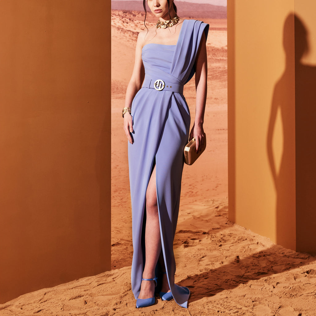 Blue Serenity One Shoulder Crepe Dress by Tony Ward