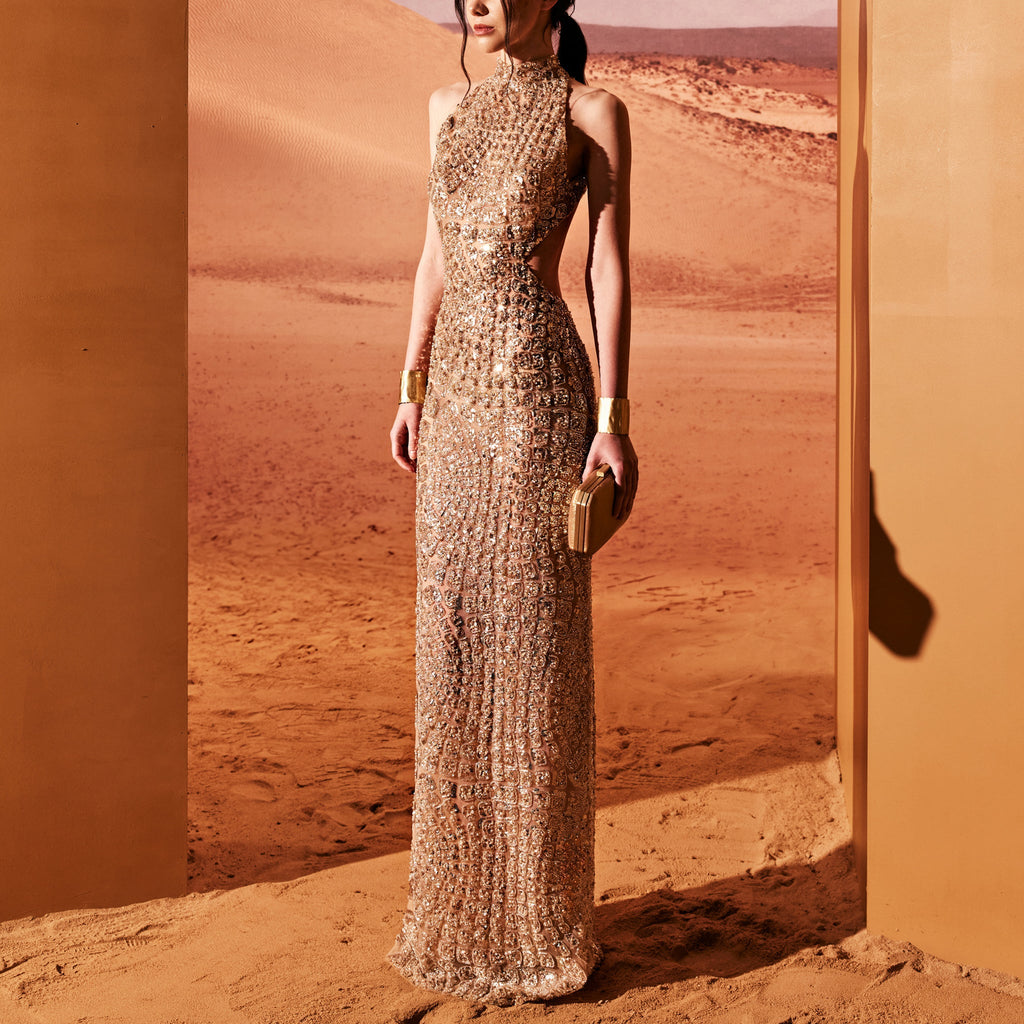 Camel Fitted Dress With Crocodile Embellishment by Tony Ward