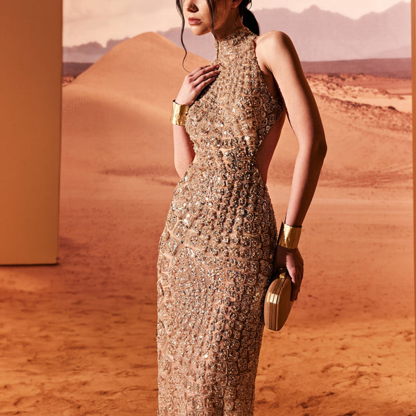 Camel Fitted Dress With Crocodile Embellishment