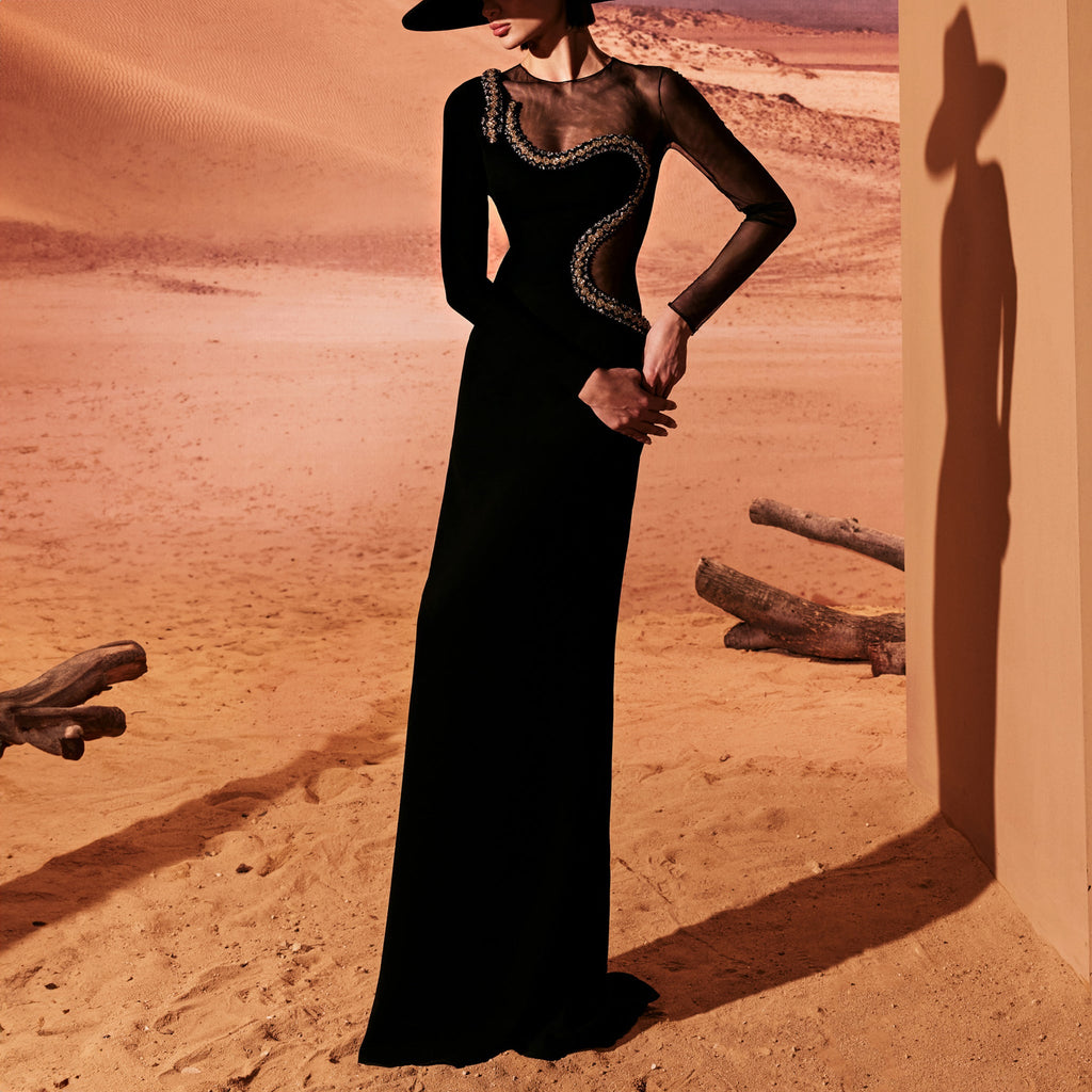 Black Crepe Dress With Sheer Cut-Out by Tony Ward