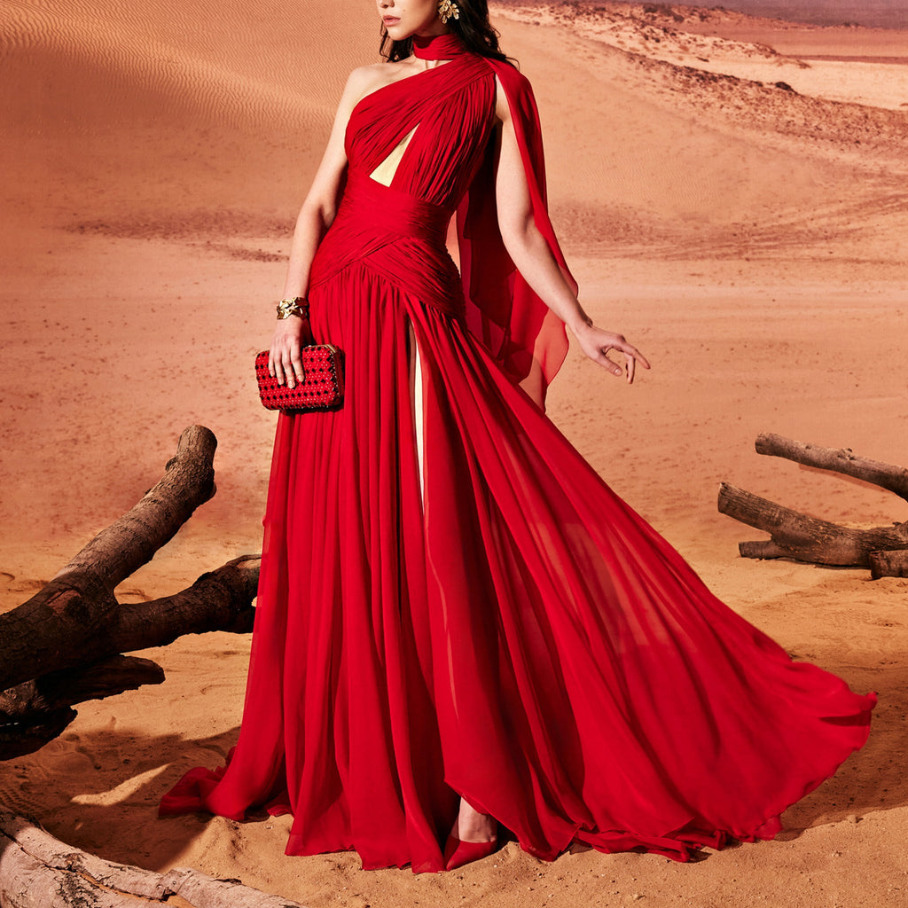 Asymmetrical Rubin Red Muslin Dress by Tony Ward