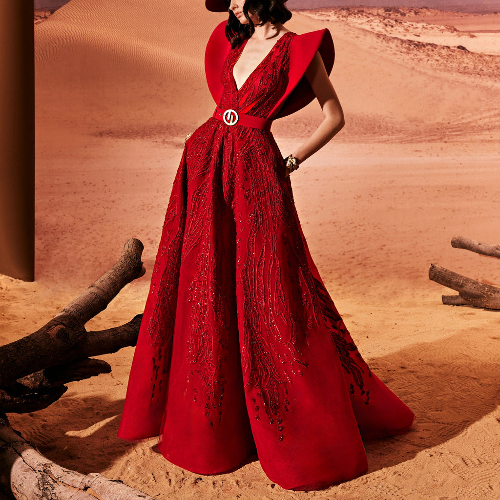 Rubin Red A-Line Dress With Embroidery by Tony Ward