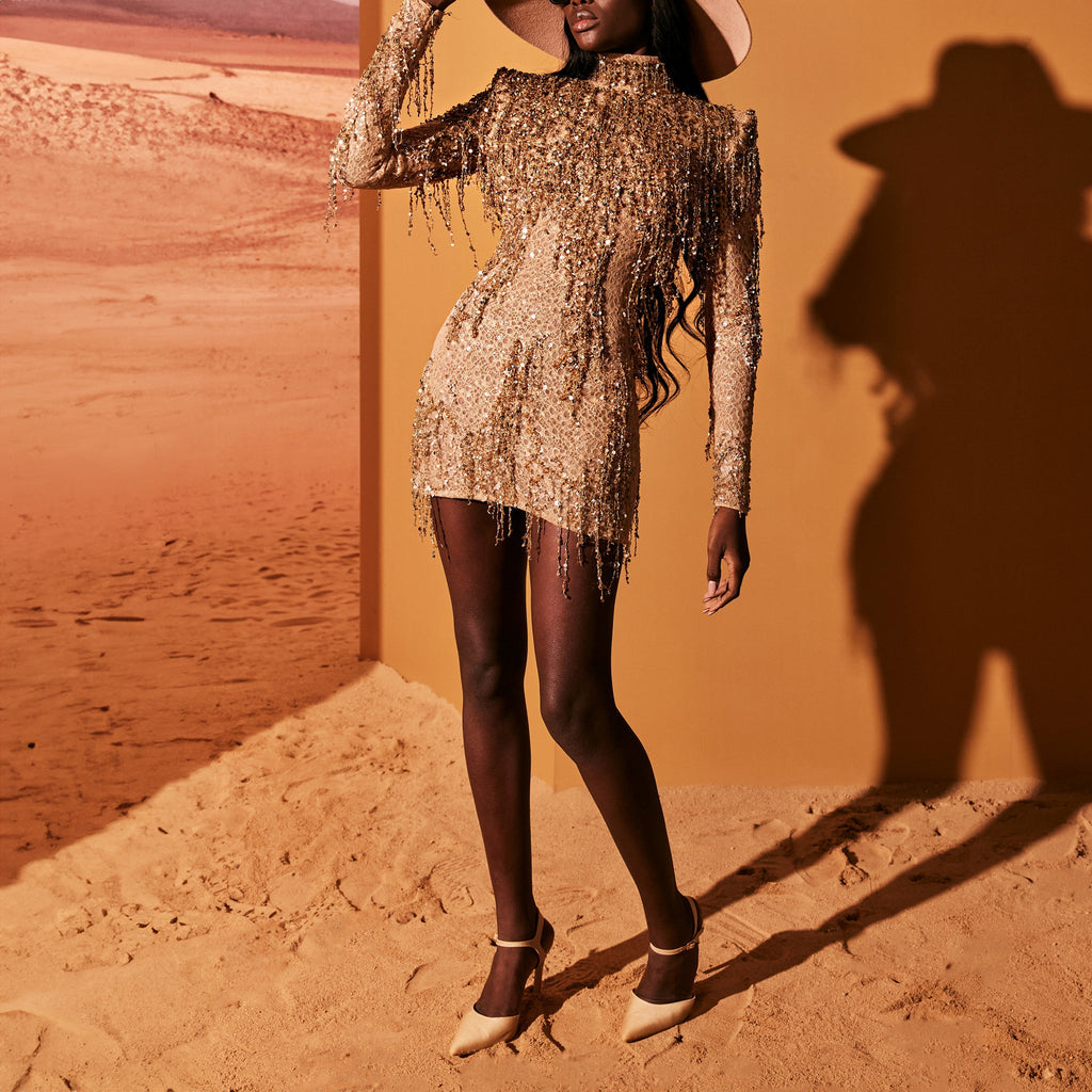 Short Camel Tulle Dress With Fringes by Tony Ward