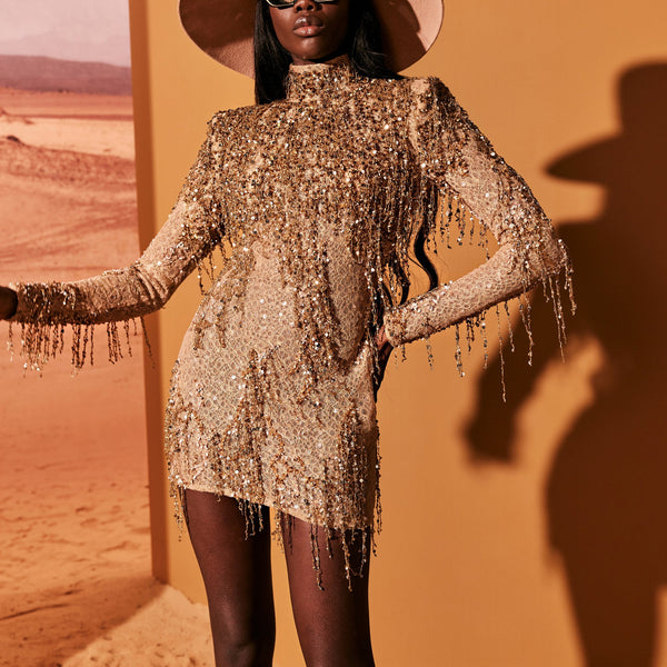 Short Camel Tulle Dress With Fringes