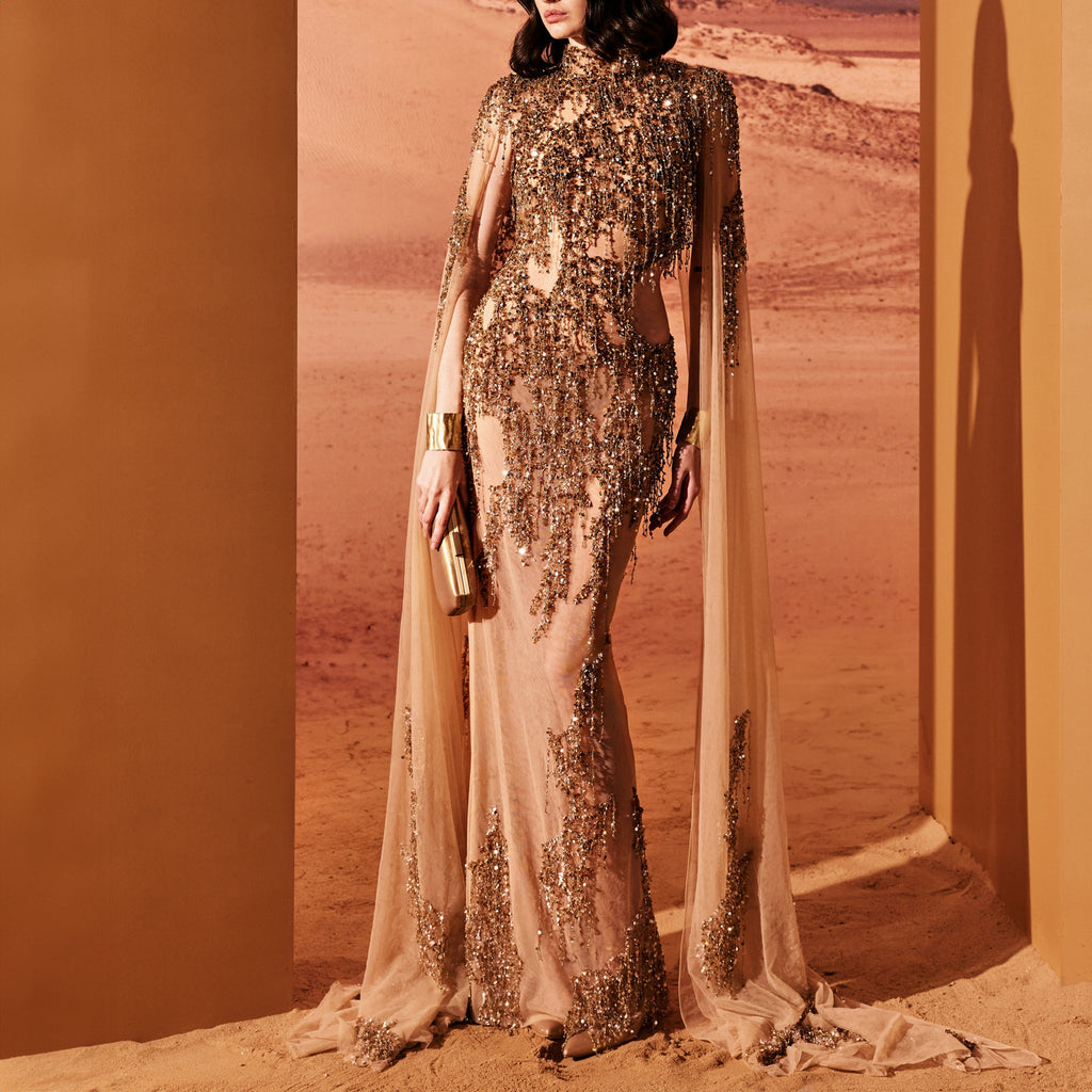 Camel Tulle Dress With Gold Embroidery by Tony Ward