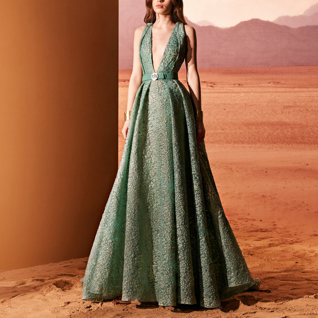 Water Green Organza Dress With Belt by Tony Ward