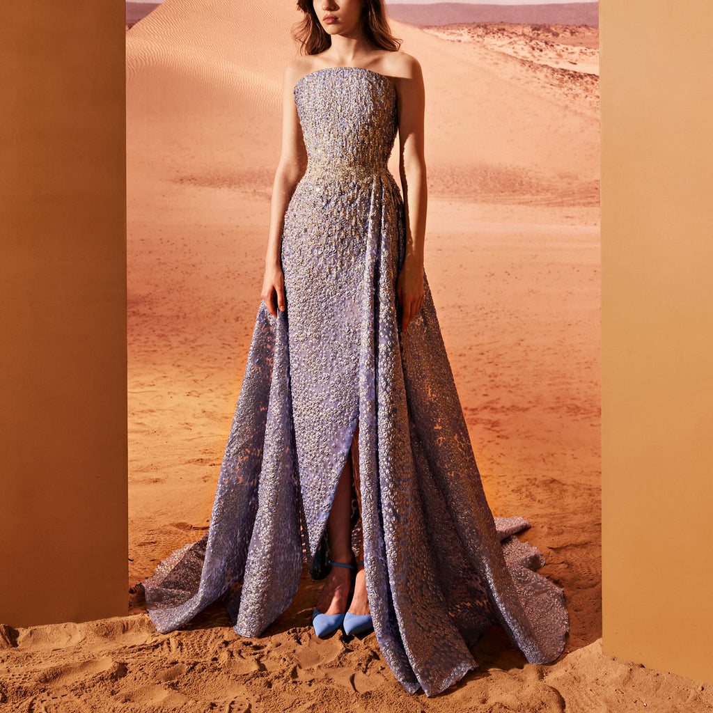 Embellished Blue Serenity Dress With Train by Tony Ward