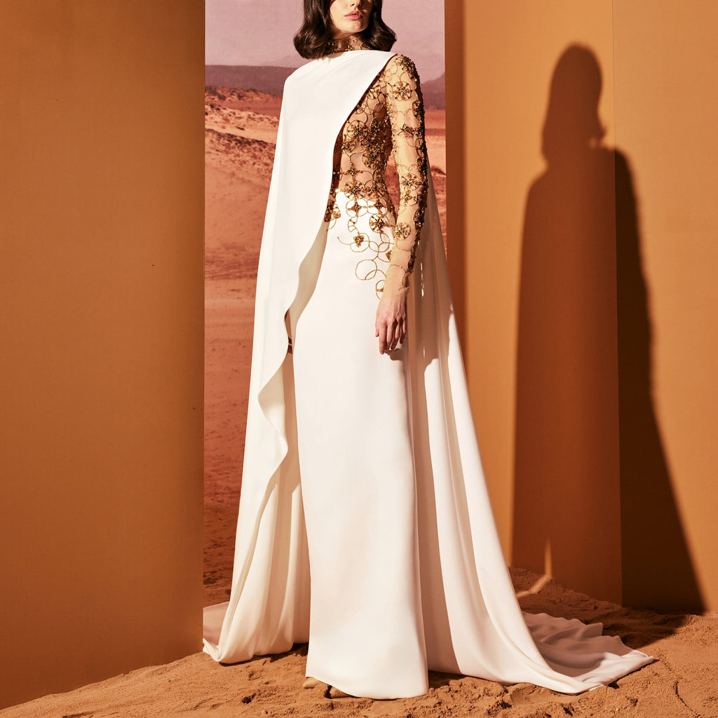 Asymmetrical White Crepe Dress With Train by Tony Ward