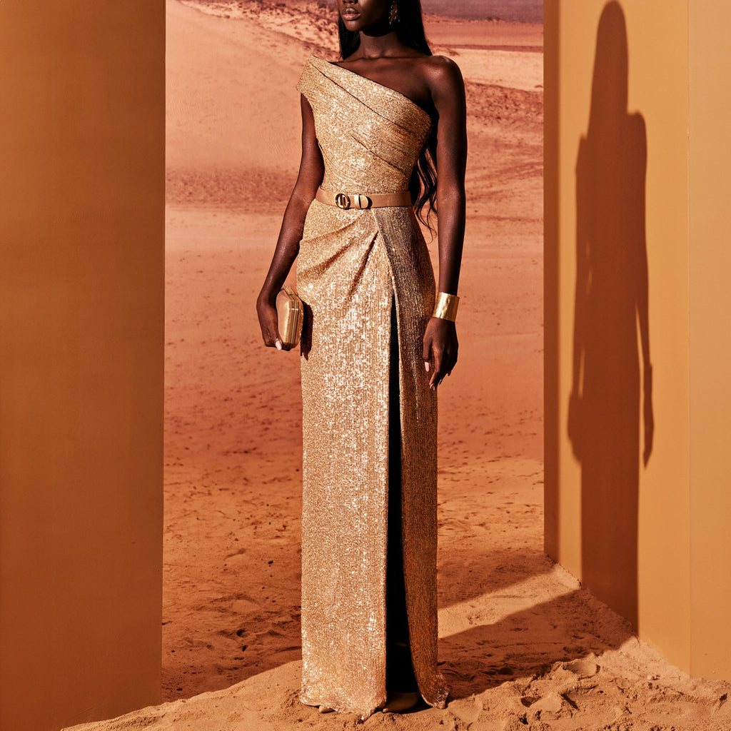 Asymmetrical Camel Sequined Dress  by Tony Ward