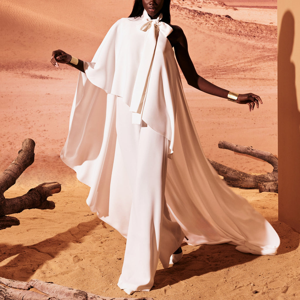 White Crepe Jumpsuit With Cape  by Tony Ward