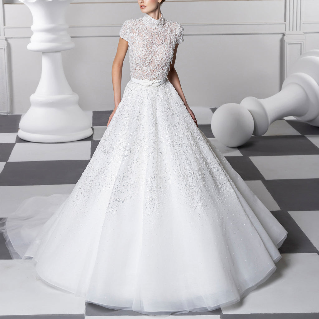 High Neck Silver Princess Dress by Tony Ward