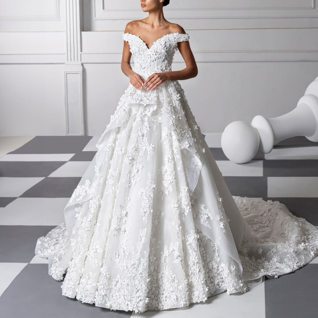 3D Flower Appliqué Off-Shoulder Dress by Tony Ward