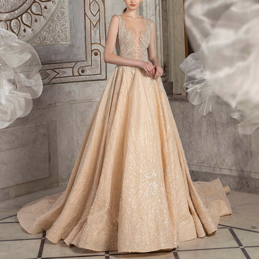 Golden Greige Tulle Gown by Tony Ward