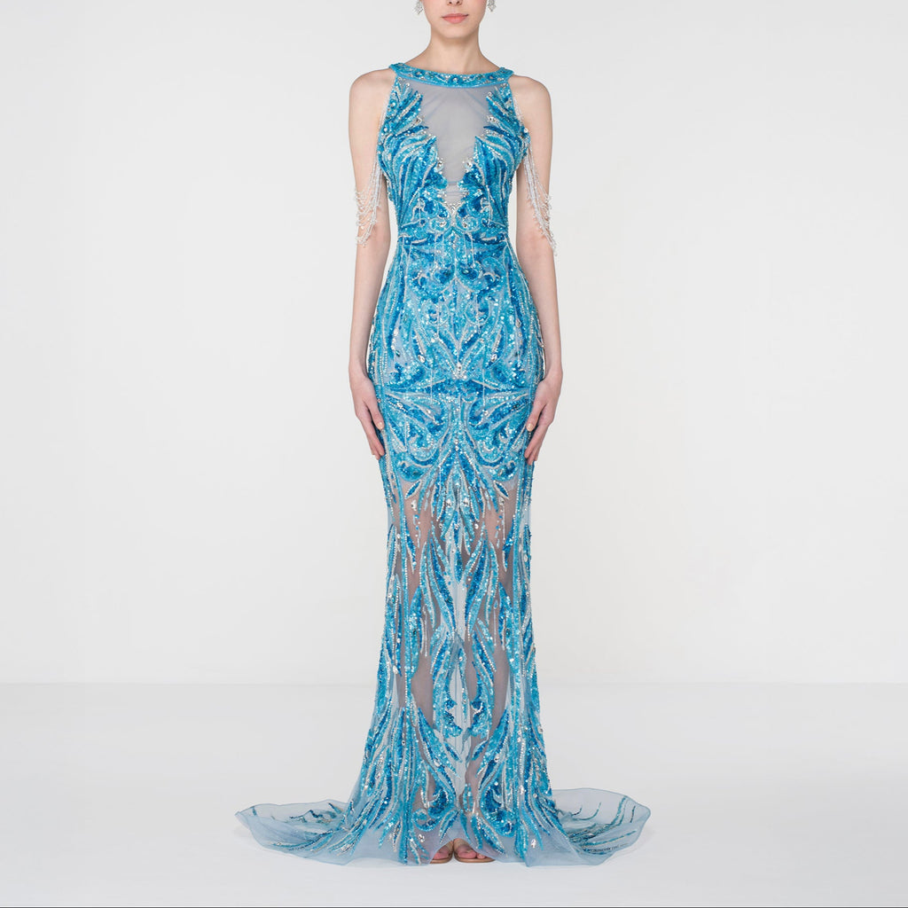 Aqua Illusion Gown with Intricate Embellishments