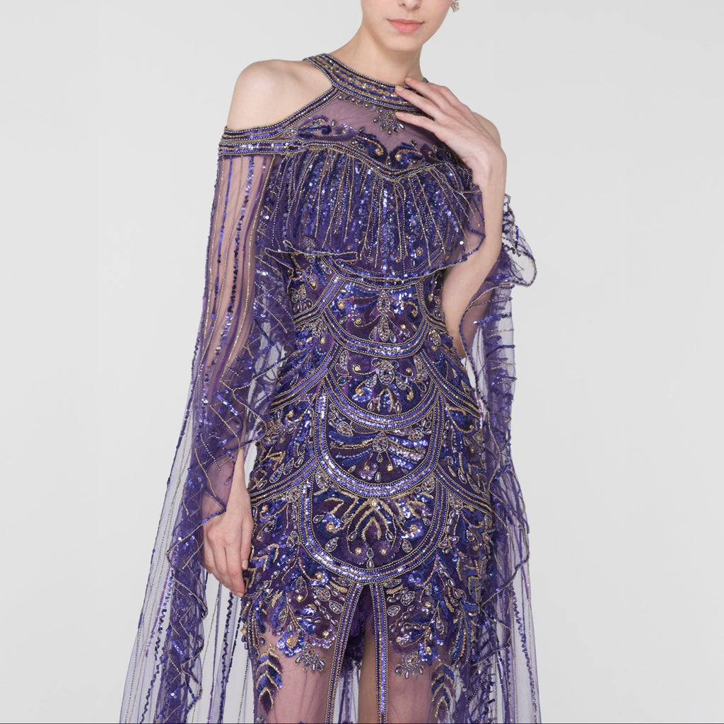 Midnight Opulence Beaded Cape Gown