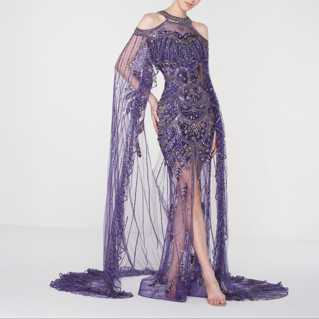 Midnight Opulence Beaded Cape Gown