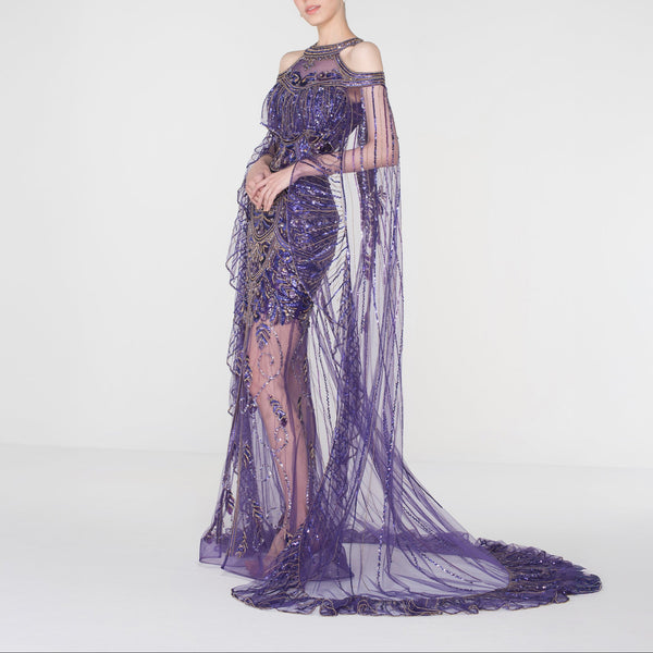 Midnight Opulence Beaded Cape Gown