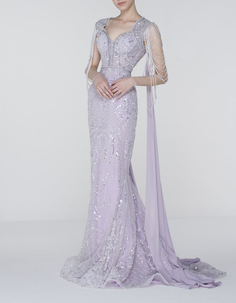 Lilac Embellished Dress with Pearl Layered Sleeves