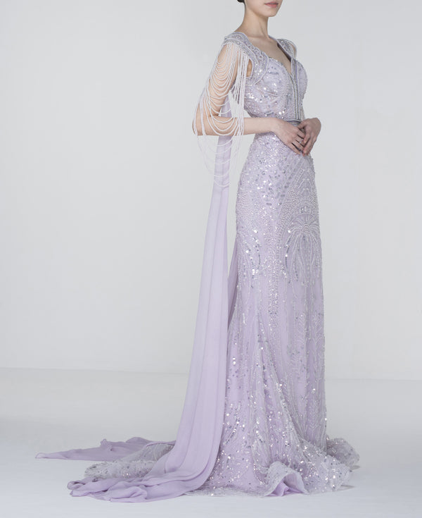 Lilac Embellished Dress with Pearl Layered Sleeves