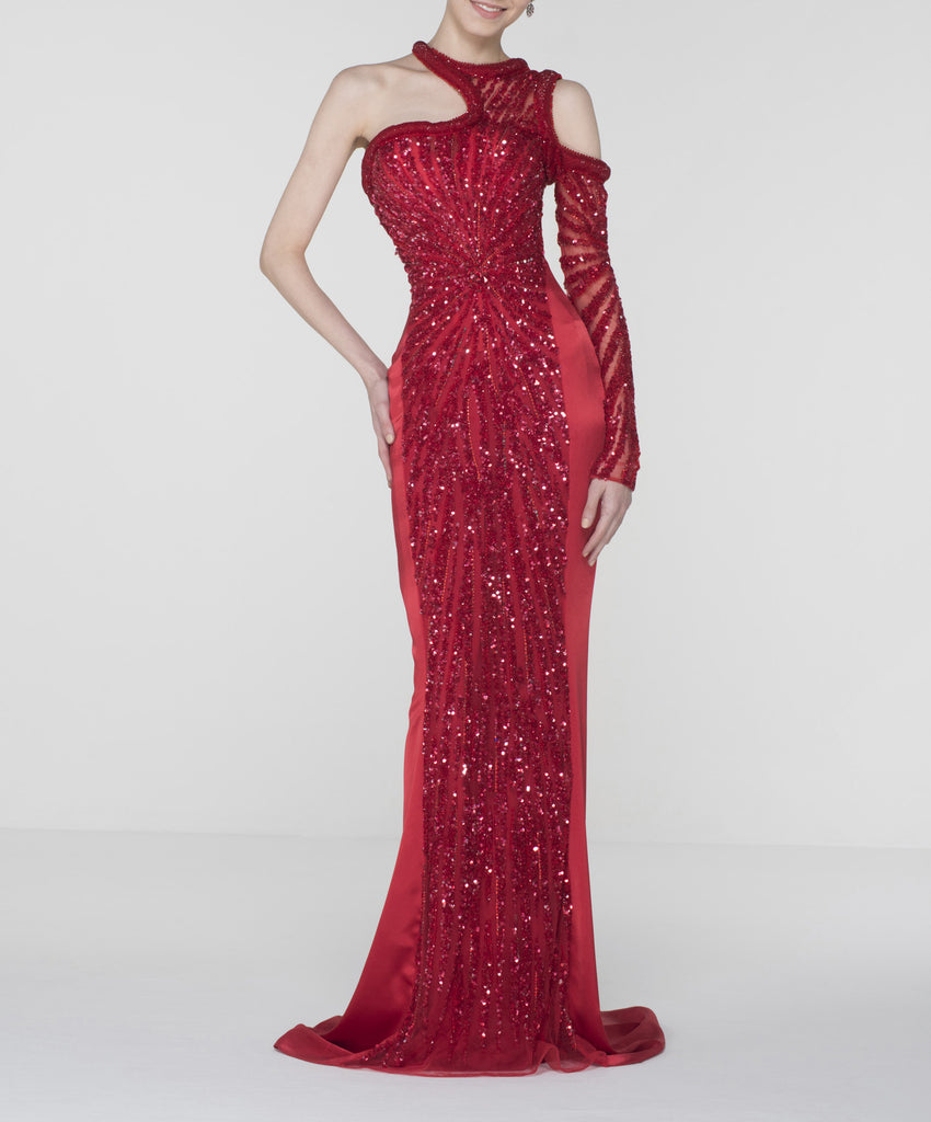 Radiant Scarlet Sequined Gown with Asymmetric Neckline