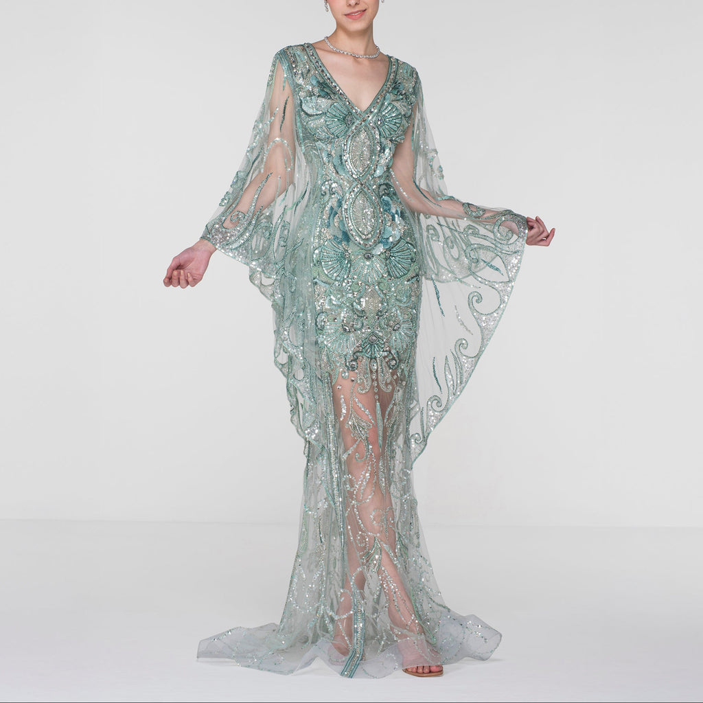 Etheral Mint Embellished Gown with Flowing Cape Sleeves