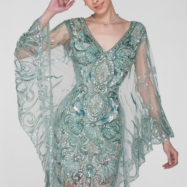 Etheral Mint Embellished Gown with Flowing Cape Sleeves