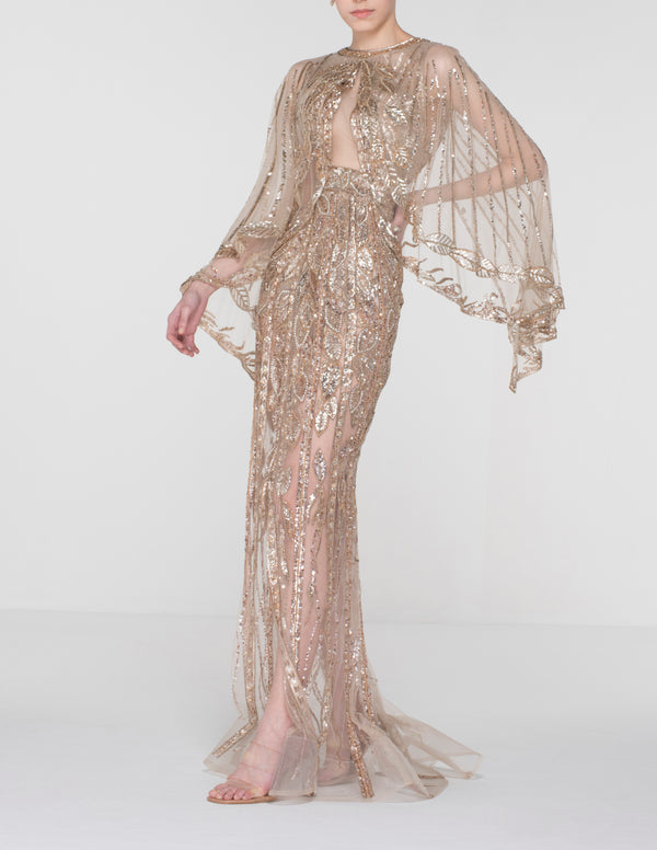 Rose Gold Foliage Embroidered Dress with Delicate Double Cape